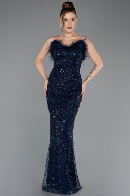 Abendkleid Lang Perlenbesetzt Marineblau ABU5590