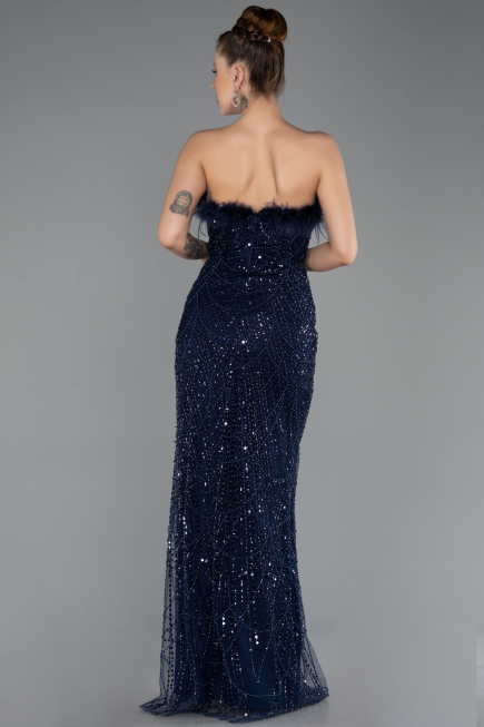 Abendkleid Lang Perlenbesetzt Marineblau ABU5590