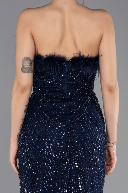 Abendkleid Lang Perlenbesetzt Marineblau ABU5590