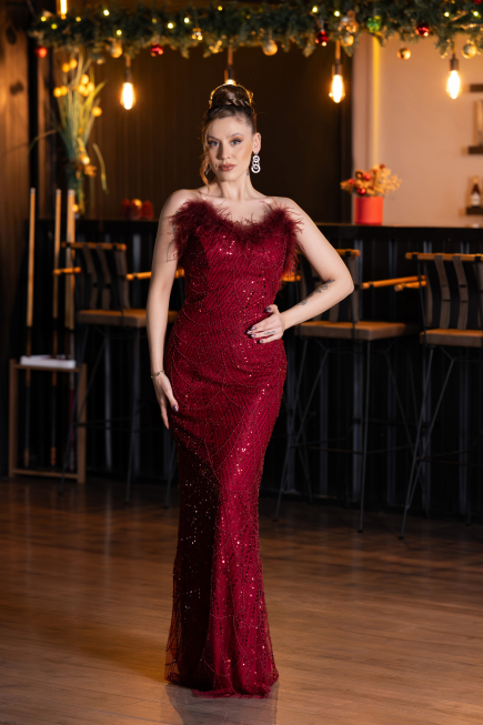Abendkleid Lang Perlenbesetzt Weinrot ABU5590