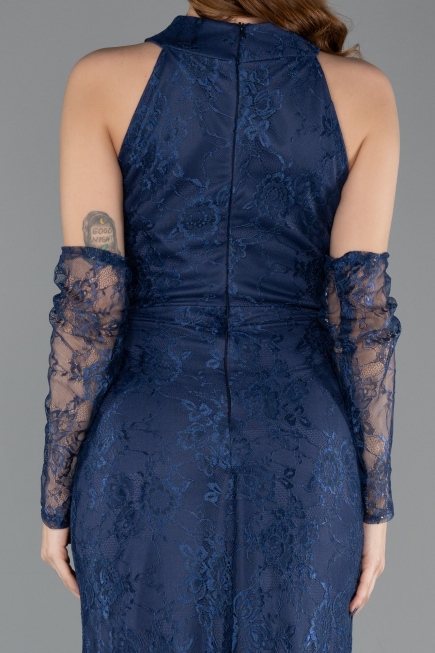 Abendkleid im Meerjungfrau-Stil Lang Spitze Marineblau ABU5598