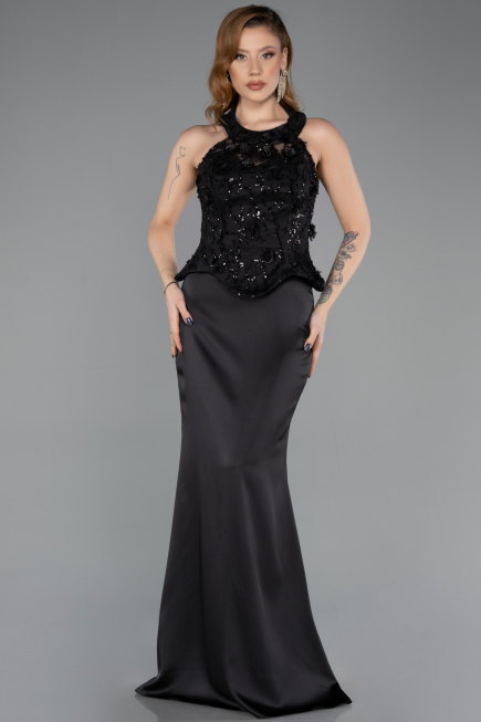 Abendkleid Lang Satin Schwarz ABU5601