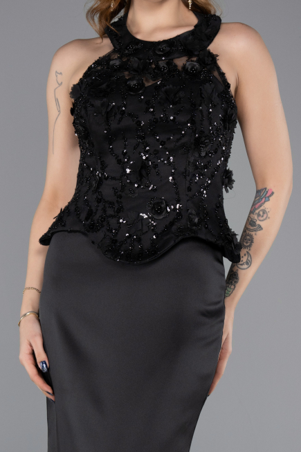 Abendkleid Lang Satin Schwarz ABU5601