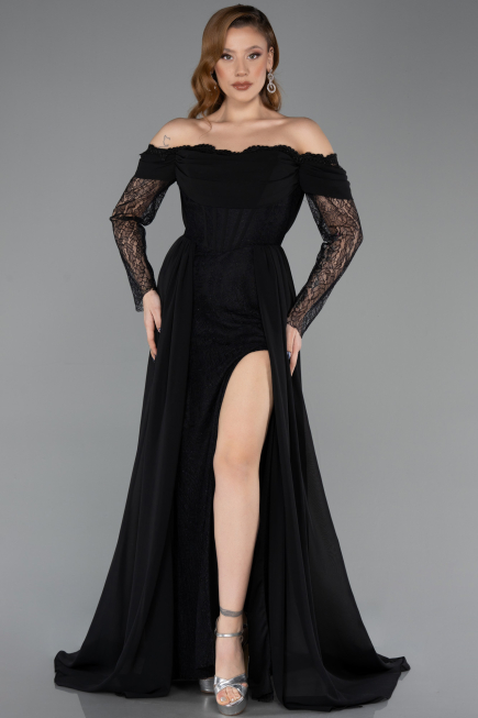 Standesamtkleid Lang Chiffon Schwarz ABU5602