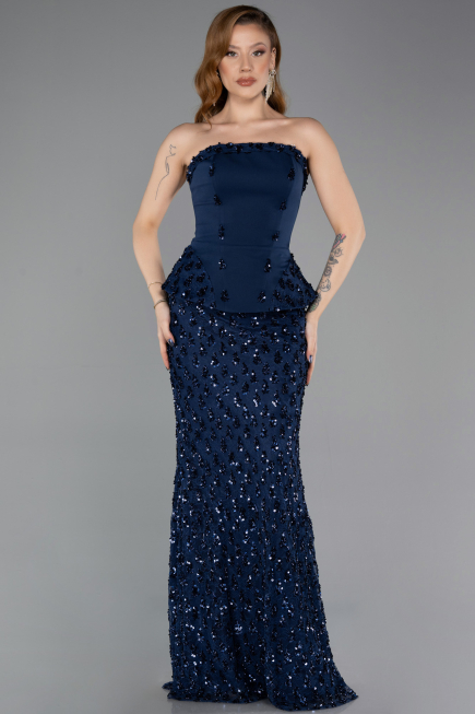Abendkleid im Meerjungfrau-Stil Lang Spitze Marineblau ABU5612