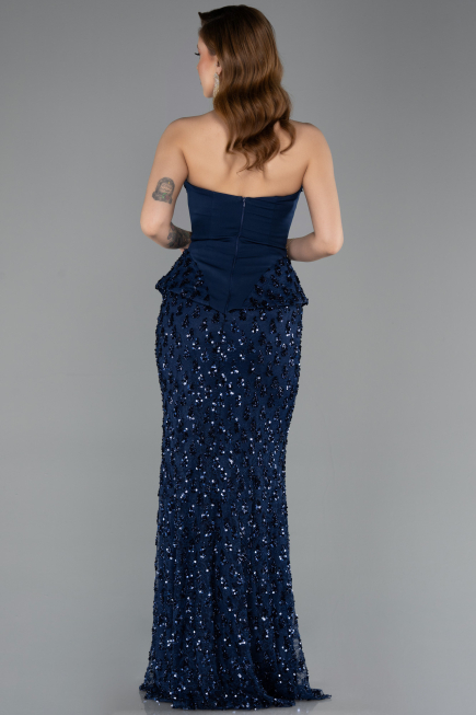 Abendkleid im Meerjungfrau-Stil Lang Spitze Marineblau ABU5612