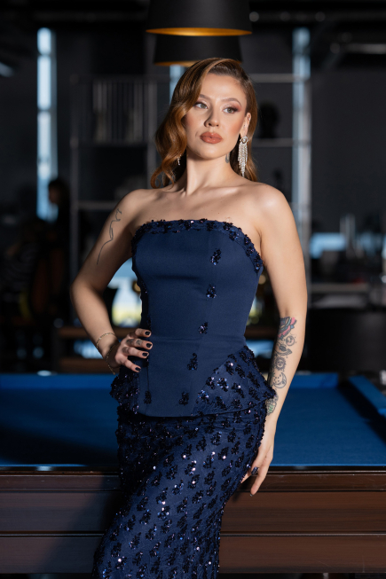 Abendkleid im Meerjungfrau-Stil Lang Spitze Marineblau ABU5612