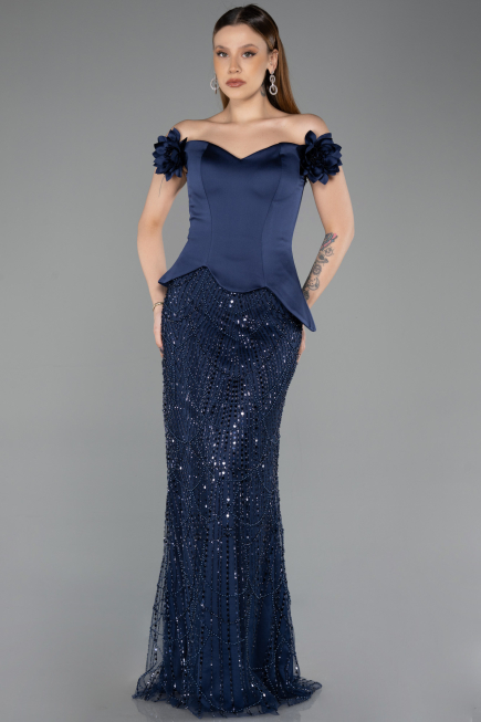 Abendkleid Lang Perlenbesetzt Marineblau ABU5616