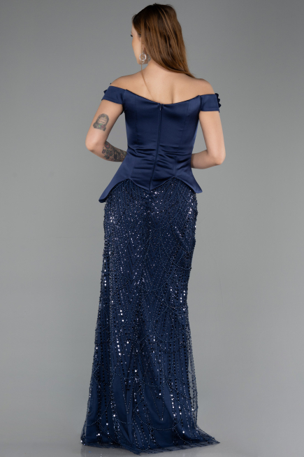 Abendkleid Lang Perlenbesetzt Marineblau ABU5616