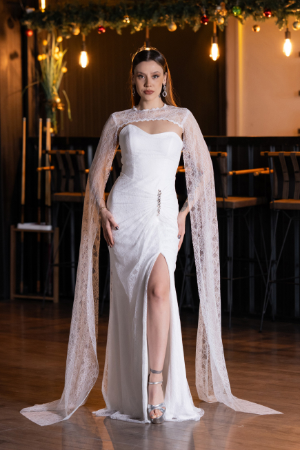 Standesamtkleid Lang Spitze Weiß ABU5614