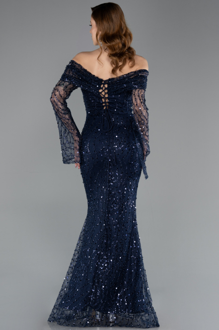 Abendkleid im Meerjungfrau-Stil Lang Schuppig Marineblau ABU5623