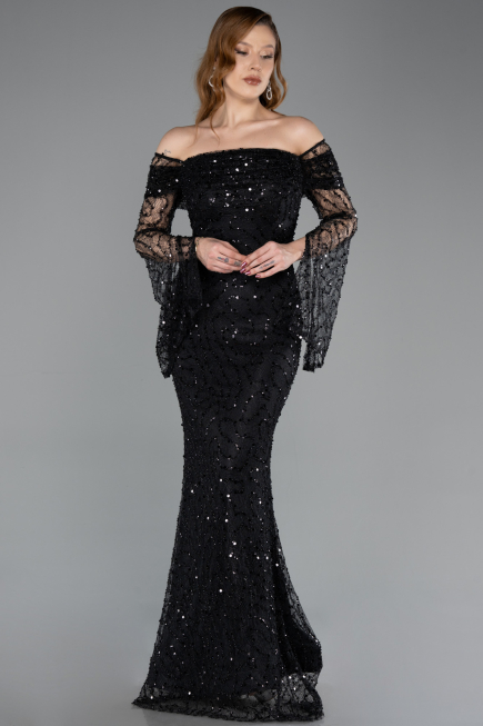 Abendkleid im Meerjungfrau-Stil Lang Schuppig Schwarz ABU5623