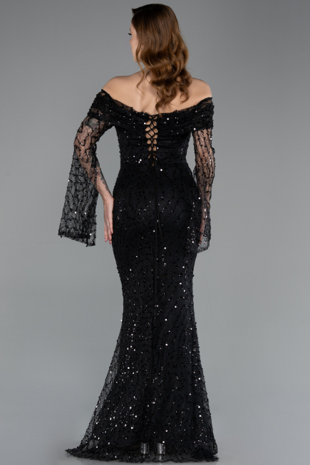 Abendkleid im Meerjungfrau-Stil Lang Schuppig Schwarz ABU5623