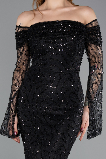 Abendkleid im Meerjungfrau-Stil Lang Schuppig Schwarz ABU5623