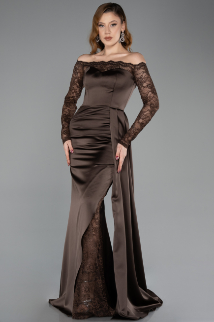 Abendkleid im Meerjungfrau-Stil Lang Satin Braun ABU5641