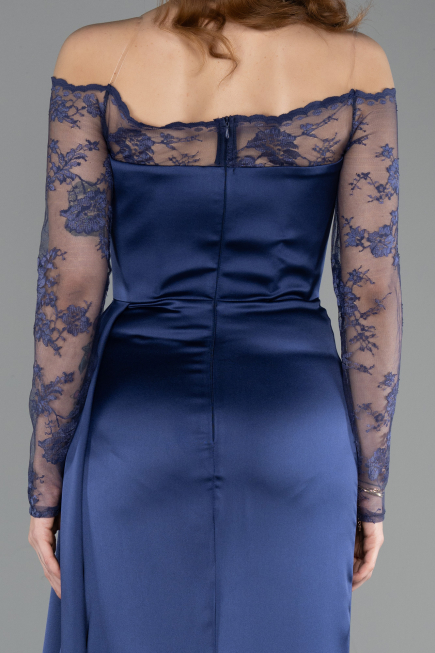 Abendkleid im Meerjungfrau-Stil Lang Satin Marineblau ABU5641