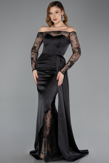 Abendkleid im Meerjungfrau-Stil Lang Satin Schwarz ABU5641