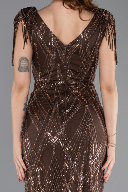 Abendkleid Lang Perlenbesetzt Braun ABU5637