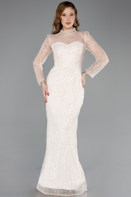 Abendkleid Lang Perlenbesetzt Beige ABU5638