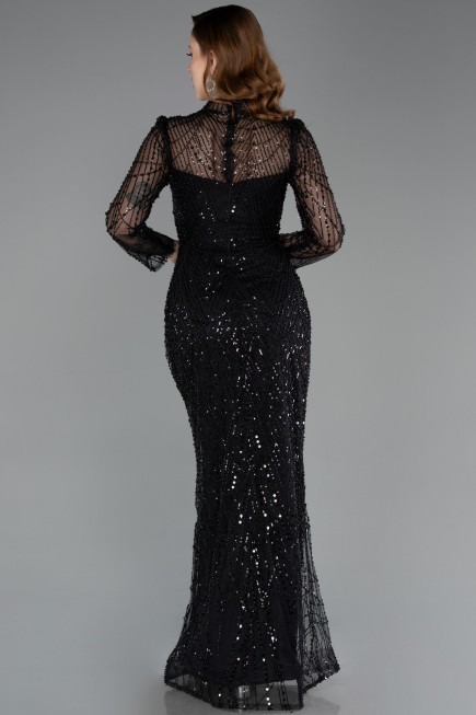 Abendkleid Lang Perlenbesetzt Schwarz ABU5638
