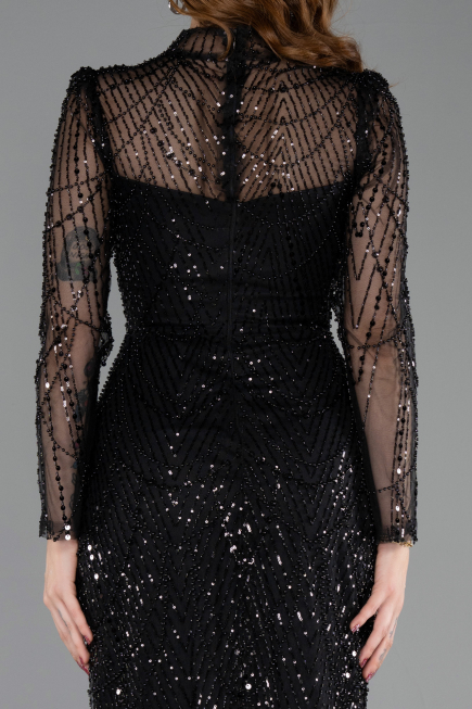 Abendkleid Lang Perlenbesetzt Schwarz ABU5638