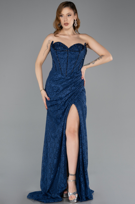 Standesamtkleid Lang Guipure Spitze Marineblau ABU5642