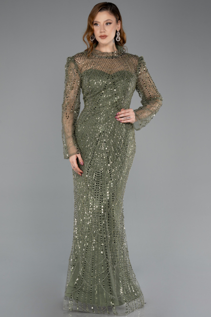 Abendkleid Lang Perlenbesetzt Khaki ABU5638