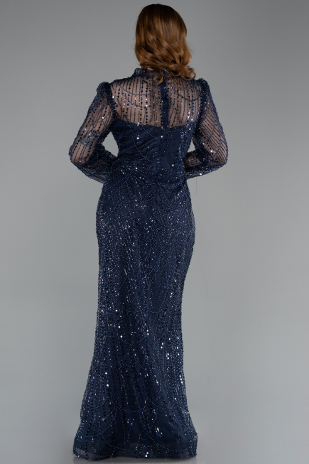 Abendkleid in Übergröße Lang Perlenbesetzt Marineblau ABU5643