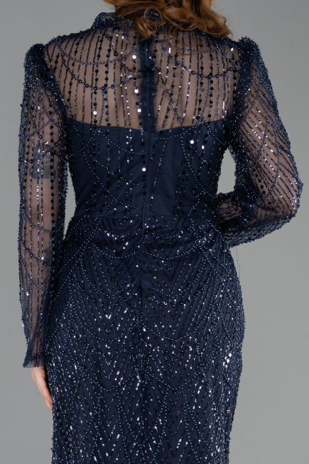 Abendkleid in Übergröße Lang Perlenbesetzt Marineblau ABU5643