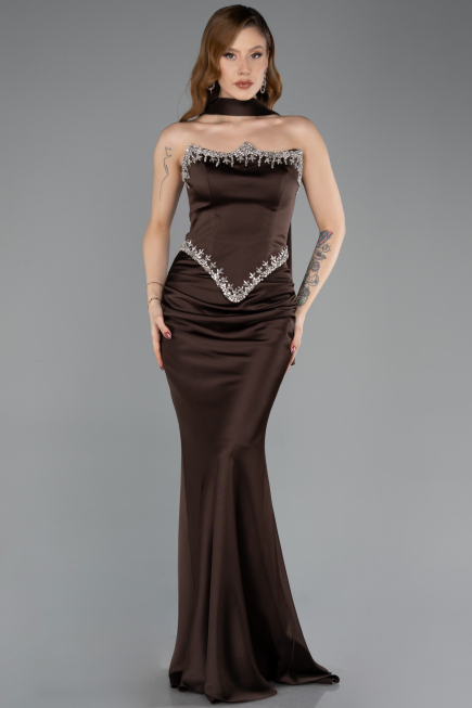 Abendkleid im Meerjungfrau-Stil Lang Satin Braun ABU5644
