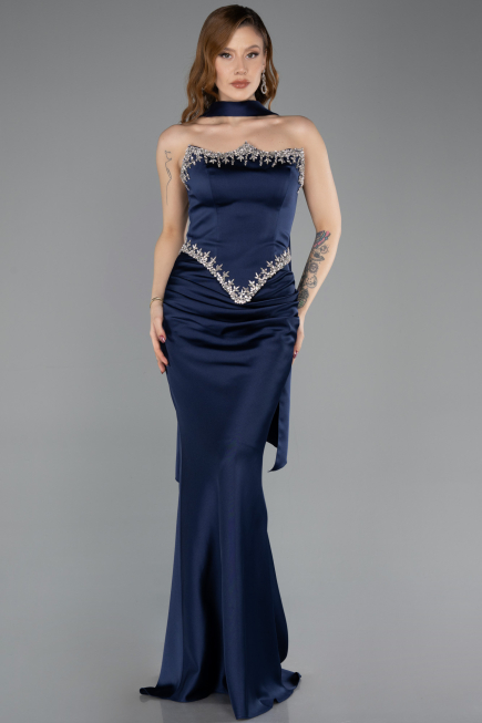 Abendkleid im Meerjungfrau-Stil Lang Satin Marineblau ABU5644