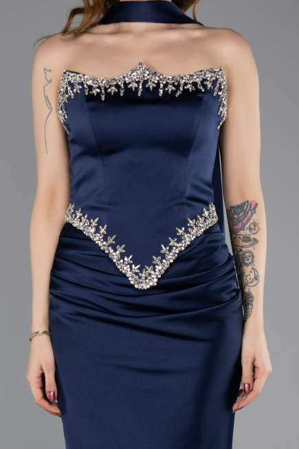 Abendkleid im Meerjungfrau-Stil Lang Satin Marineblau ABU5644