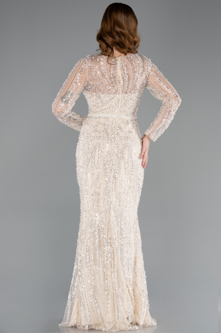 Abendkleid Lang Perlenbesetzt Beige ABU5649