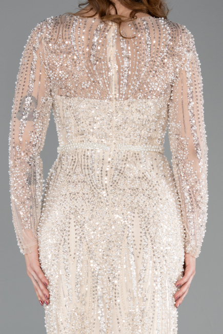 Abendkleid Lang Perlenbesetzt Beige ABU5649