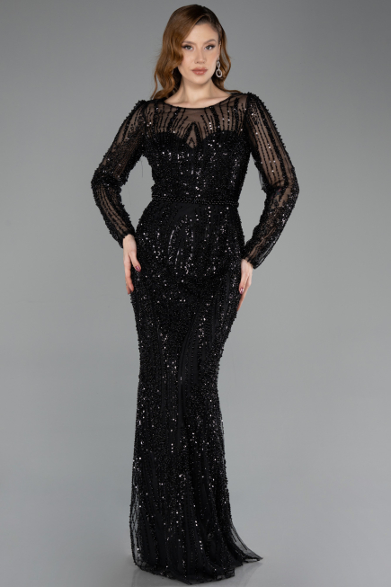 Abendkleid Lang Perlenbesetzt Schwarz ABU5649