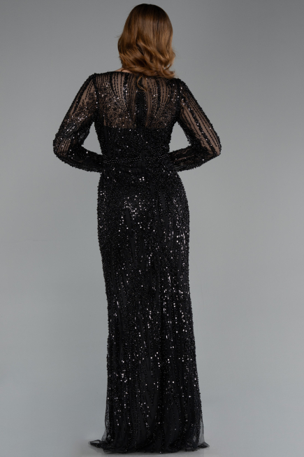 Abendkleid Lang Perlenbesetzt Schwarz ABU5649