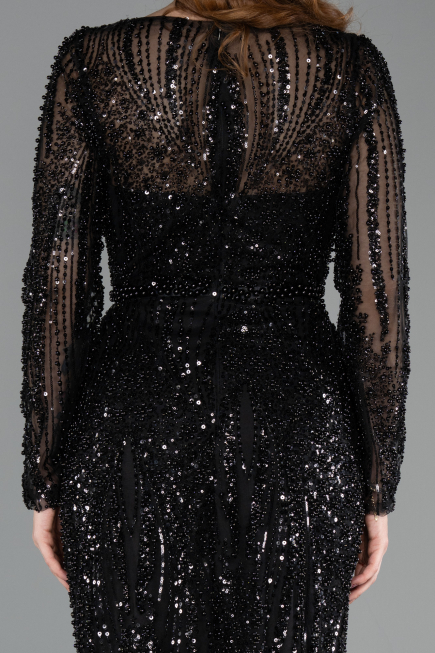 Abendkleid Lang Perlenbesetzt Schwarz ABU5649