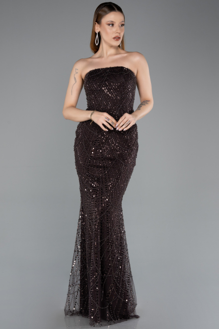 Abendkleid Lang Perlenbesetzt Braun ABU5652