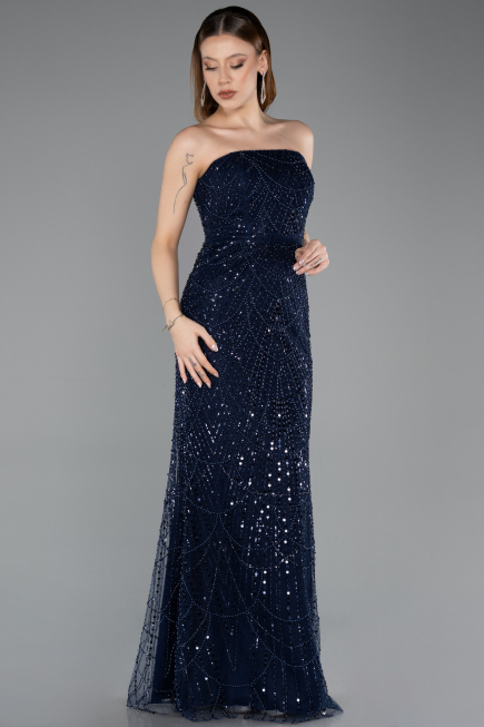 Abendkleid Lang Perlenbesetzt Marineblau ABU5652