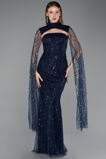 Abendkleid Lang Perlenbesetzt Marineblau ABU5652