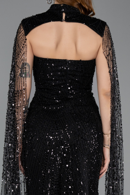 Abendkleid Lang Perlenbesetzt Schwarz ABU5652