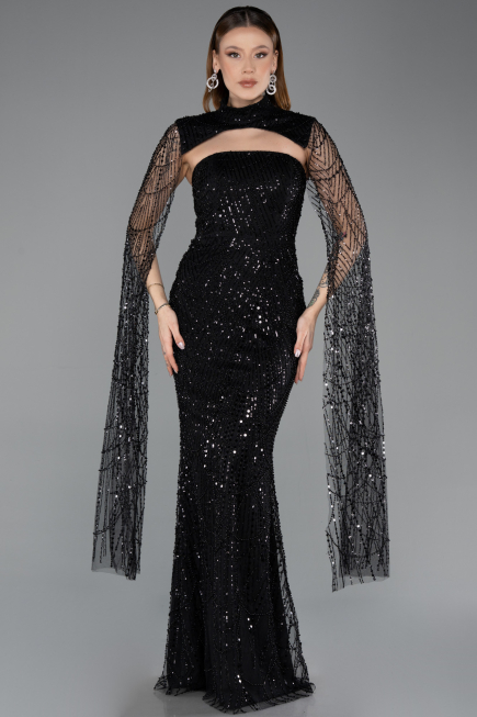 Abendkleid Lang Perlenbesetzt Schwarz ABU5652