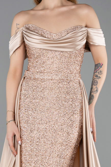 Beige Abendkleid Perlenbesetzt Lang ABU5542