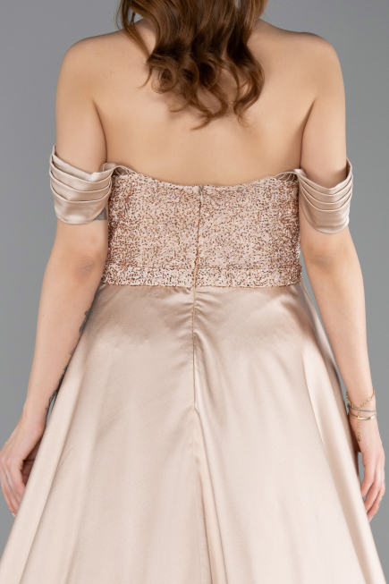 Beige Abendkleid Perlenbesetzt Lang ABU5542