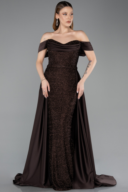 Braun Abendkleid Perlenbesetzt Lang ABU5542