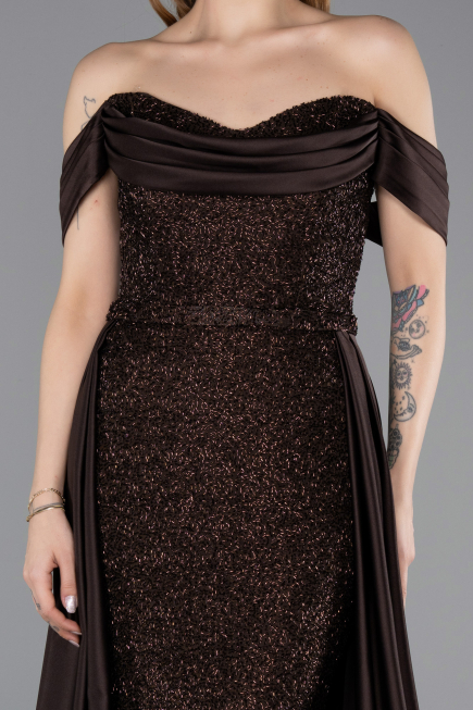 Braun Abendkleid Perlenbesetzt Lang ABU5542
