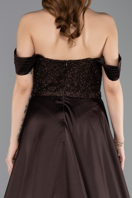 Braun Abendkleid Perlenbesetzt Lang ABU5542