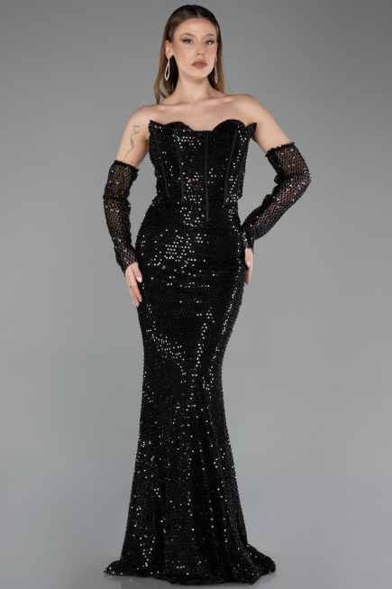 Abendkleid Lang Perlenbesetzt Schwarz ABU5659