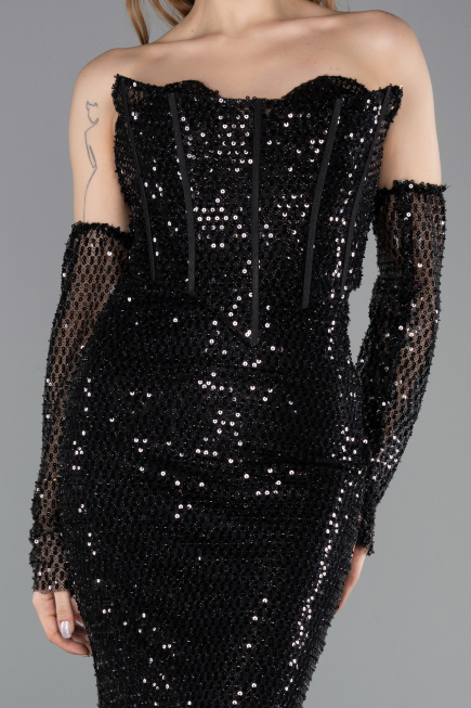 Abendkleid Lang Perlenbesetzt Schwarz ABU5659