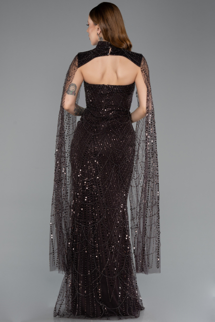 Abendkleid Lang Perlenbesetzt Braun ABU5652